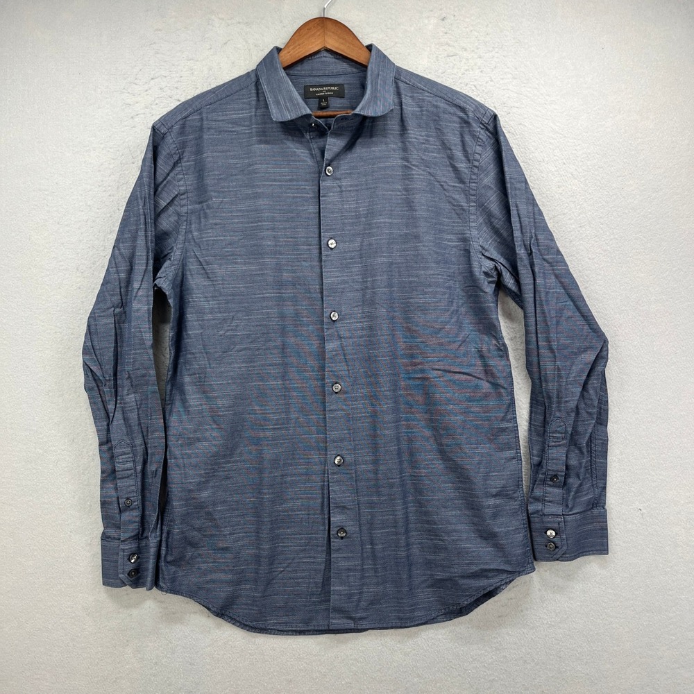 Banana Republic Button Up Shirt Mens Large Blue Tailored Slim Fit Herringbone